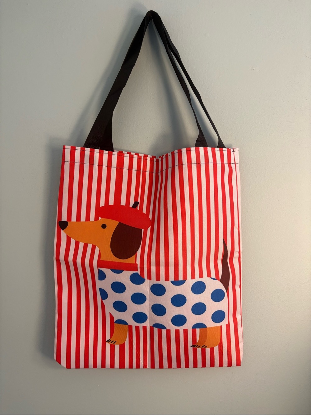 Cute Red Striped Dachshund Tote Bag with Blue Polka-Dot Coat